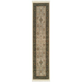 10' Ivory And Dark Blue Medallion Runner Rug With Fringe