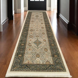 10' Ivory And Dark Blue Medallion Runner Rug With Fringe