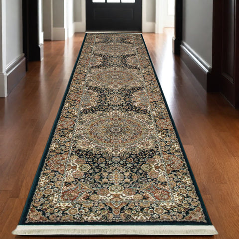 10' Black White And Orange Medallion Runner Rug With Fringe