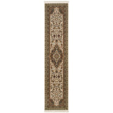 10' Ivory Black And Light Brown Medallion Runner Rug With Fringe