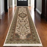 10' Ivory Black And Light Brown Medallion Runner Rug With Fringe
