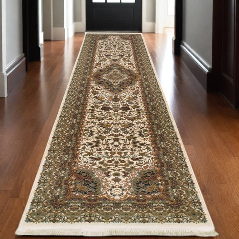 10' Ivory Black And Light Brown Medallion Runner Rug With Fringe