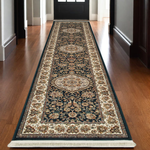 10' Dark Blue And Ivory Medallion Runner Rug With Fringe