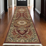 10' Red Light Brown And Ivory Medallion Runner Rug With Fringe