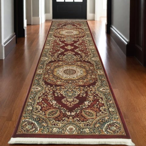 10' Red Light Brown And Ivory Medallion Runner Rug With Fringe
