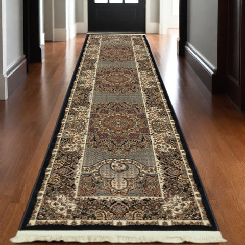 10' Blue And Red Medallion Runner Rug With Fringe