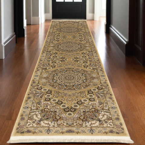 10' Gold And Ivory Medallion Runner Rug With Fringe