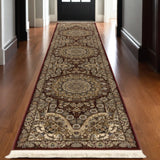 10' Red And Gold Medallion Runner Rug With Fringe