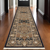 10' Navy Blue Light Brown And Ivory Medallion Runner Rug With Fringe