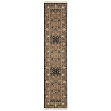 10' Navy Blue Light Brown And Ivory Medallion Runner Rug With Fringe
