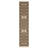 10' Ivory Brown And Black Medallion Runner Rug With Fringe