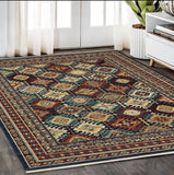 5' X 8' Navy Blue Red And Orange Oriental Area Rug With Fringe