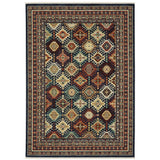 5' X 8' Navy Blue Red And Orange Oriental Area Rug With Fringe