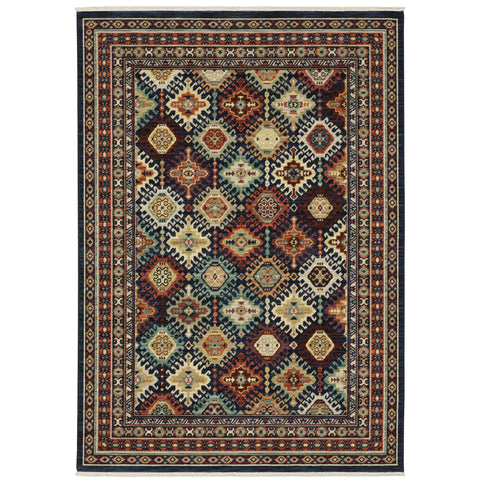 5' X 8' Navy Blue Red And Orange Oriental Area Rug With Fringe