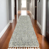 8' Light Blue And Ivory Abstract Shag Runner Rug With Fringe