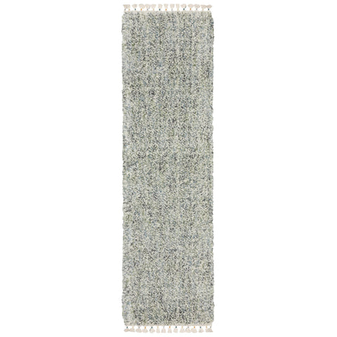 8' Light Blue And Ivory Abstract Shag Runner Rug With Fringe