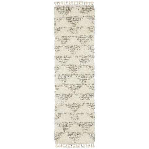 8' Ivory Gray And Teal Geometric Shag Runner Rug With Fringe