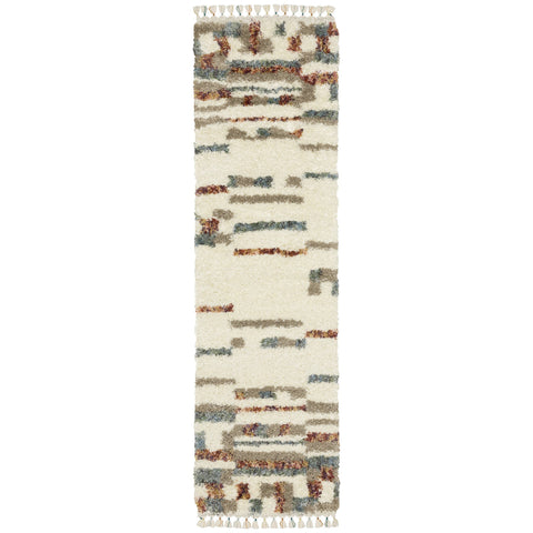 8' Ivory Tan And Red Abstract Shag Runner Rug With Fringe