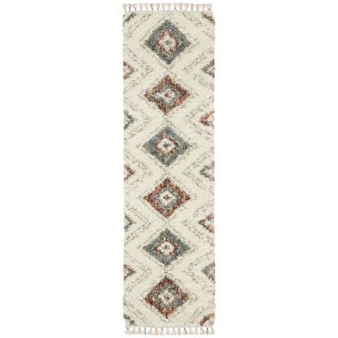 8' Ivory Gray And Red Southwestern Shag Runner Rug With Fringe