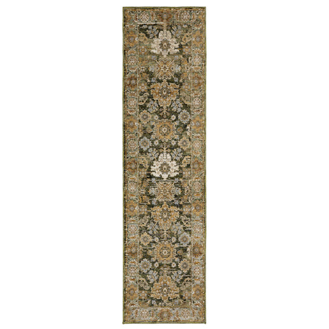 8' Green And Gold Oriental Runner Rug