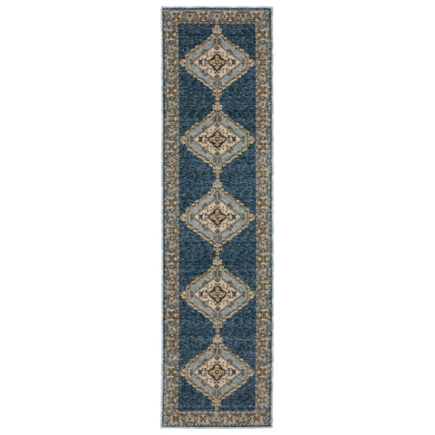 8' Blue And Gold Medallion Runner Rug