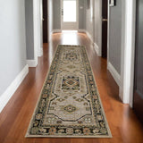 8' Gray And Green Tribal Runner Rug