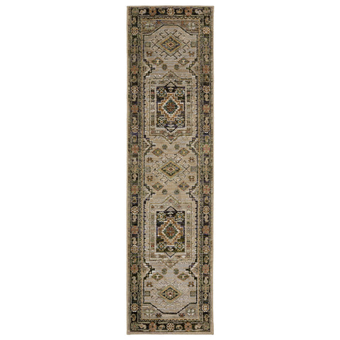 8' Gray And Green Tribal Runner Rug