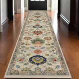 12' Ivory Red And Blue Oriental Runner Rug With Fringe