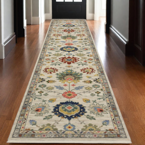 12' Ivory Red And Blue Oriental Runner Rug With Fringe