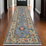 12' Blue Orange And Yellow Oriental Runner Rug With Fringe