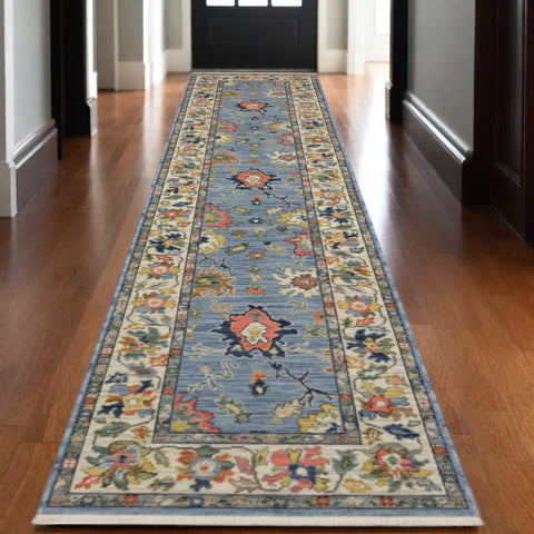 12' Blue Orange And Yellow Oriental Runner Rug With Fringe