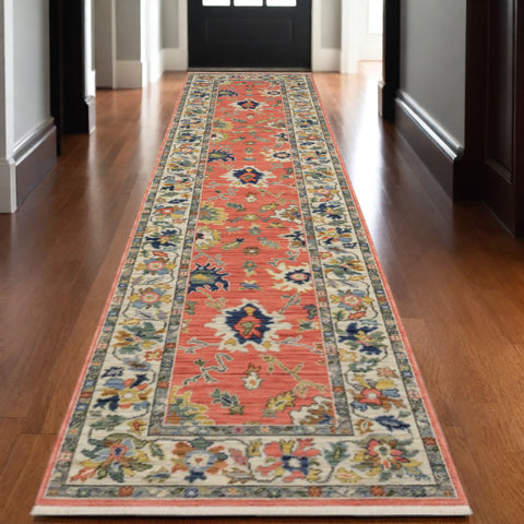 12' Salmon Blue And Yellow Oriental Runner Rug With Fringe