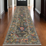 12' Gray Orange And Yellow Oriental Runner Rug With Fringe