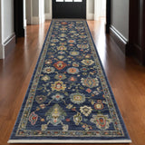 12' Blue Yellow And Orange Oriental Runner Rug With Fringe