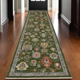 12' Green Yellow And Ivory Oriental Runner Rug With Fringe