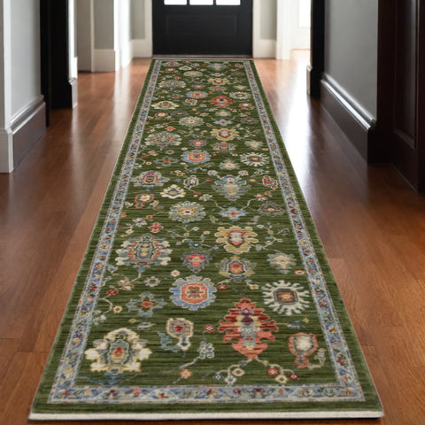 12' Green Yellow And Ivory Oriental Runner Rug With Fringe