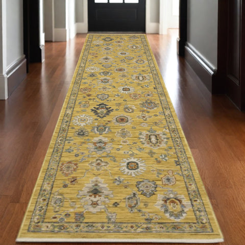 12' Yellow Black And Ivory Oriental Runner Rug With Fringe