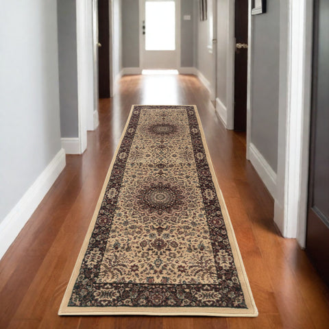 9' Ivory And Black Oriental Runner Rug