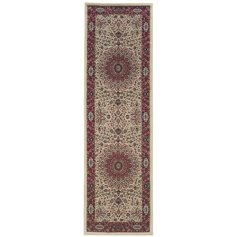 9' Ivory And Red Oriental Runner Rug