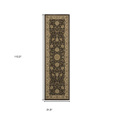 9' Brown And Ivory Oriental Runner Rug