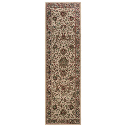 9' Ivory And Green Oriental Runner Rug