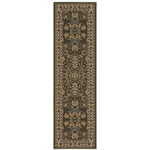 9' Green And Ivory Oriental Runner Rug