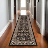 9' Black And Ivory Oriental Runner Rug