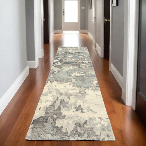8' Gray And Charcoal Wool Abstract Hand Tufted Runner Rug