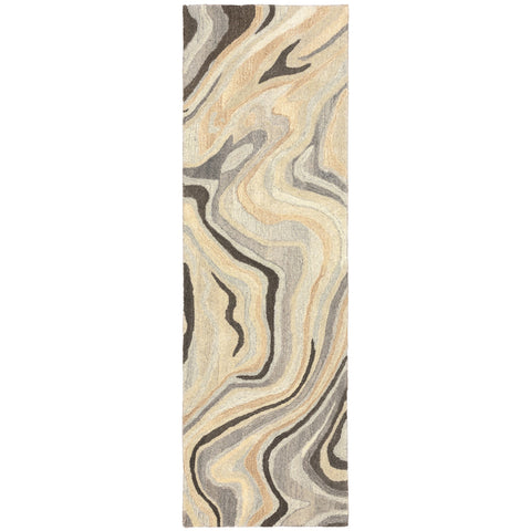 8' Beige And Charcoal Wool Abstract Hand Tufted Runner Rug