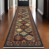 12' Navy Blue Red And Orange Oriental Runner Rug With Fringe