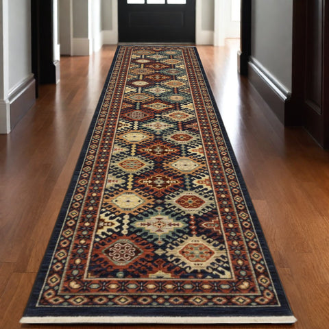 12' Navy Blue Red And Orange Oriental Runner Rug With Fringe
