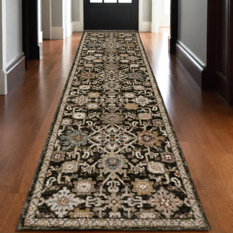 12' Brown Gray And Tan Oriental Runner Rug