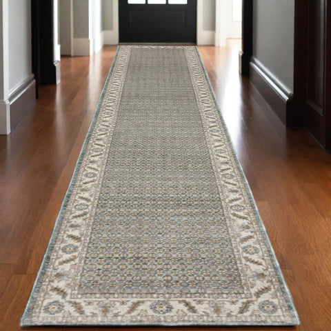 12' Blue And Ivory Oriental Runner Rug
