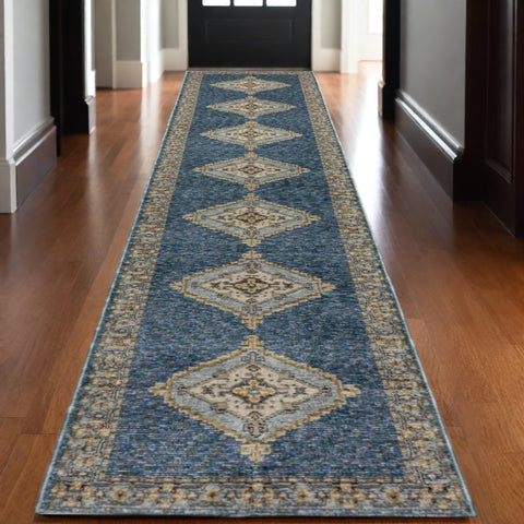 12' Blue And Gold Medallion Runner Rug